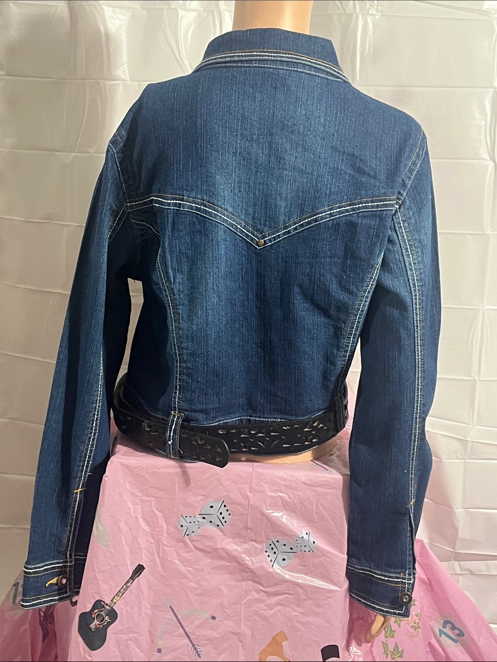 Indulgence Dark Blue Denim Jacket with Gold-Tone Logo Button - Picture 10 of 15